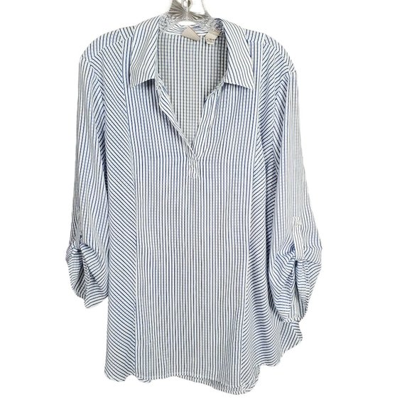 Chico's Tops - Chico's 3 Size XL Tunic Semi Shear Cover Up Pullover Striped Textured Roll Tab